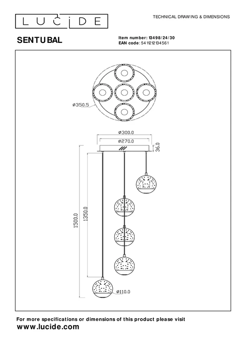 Lucide SENTUBAL - Suspension - Ø 35 cm - LED Dim. - 5x5,2W 2700K - Noir - technique